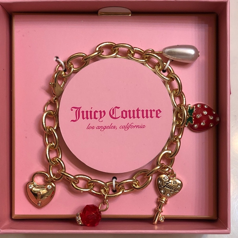 Juicy Couture Gold Tone Charm Bracelet Padlock Heart, Key & Strawberry Charm NIB